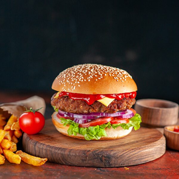 front view yummy meat cheeseburger with french fries on dark background dinner burgers snack fast-food sandwich salad dish toast